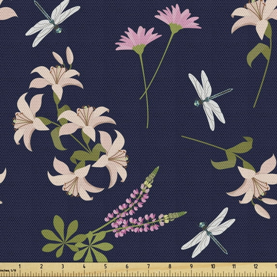 Ambesonne Dragonfly Fabric by the Yard Upholstery, Floral Art Lilies Lupines, 3 Yards, Dark Blue and Multicolor