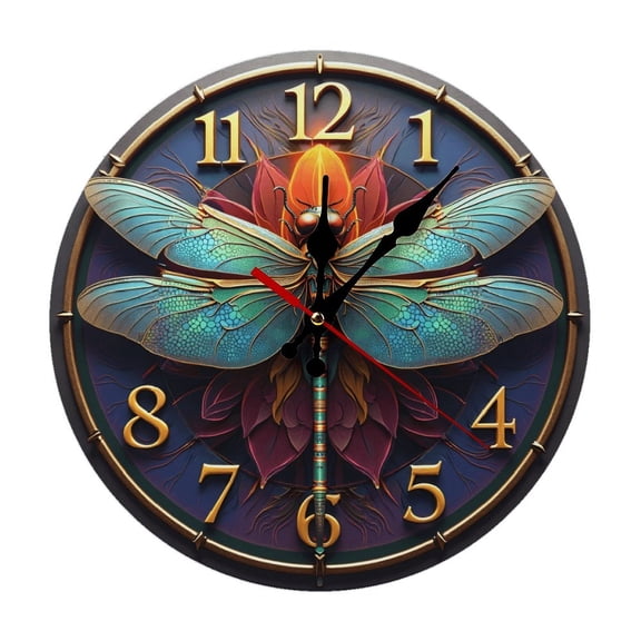 Dragonfly Fantasy Wall Clock 10 Inch Silent Non Ticking Round Wooden Clock Decoration for Living Room Kitchen Bedroom Bathroom Office Classroom