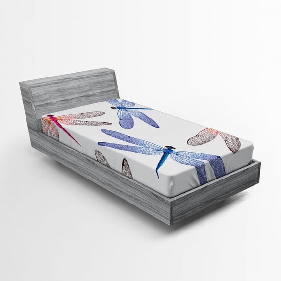 Dragonfly Fitted Sheet, Dragonfly Forms High Detailed Ornate Irregular Macro Retro Simplistic Print, Soft Decorative Fabric Bedding, Twin XL Size, Pink Blue, by Ambesonne