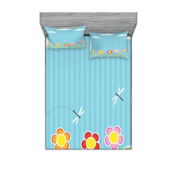 Dragonfly Fitted Sheet & Pillow Sham Set, Playroom Floral Girls Daisy Blooms Under Cloudy Sky Cartoon, Decorative Printed 6 Piece Bedding Decor Set, Calking, Sky Blue White, by Ambesonne