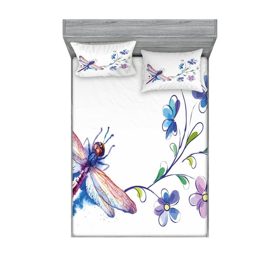 Dragonfly Fitted Sheet & Pillow Sham Set, Watercolor Bug Butterfly Like Moth Branch Ivy Flowers Lilies Art, Decorative Printed 6 Piece Bedding Decor Set, Queen, Green Purple and Blue, by Ambesonne