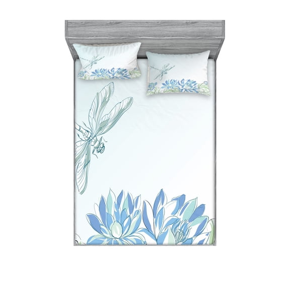 Dragonfly Fitted Sheet & Pillow Sham Set, Waterlilies Flowers and Dragonflies Simplistic Design Eco Nature Theme Art, Decorative Printed 6 Piece Bedding Decor Set, King, Blue Green, by Ambesonne