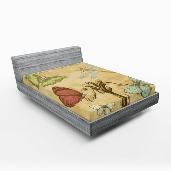 Dragonfly Fitted Sheet, Retro Style Butterflies with Flower Petals and Grunge Effects Art, Decorative Soft Bedding All-round Elastic Pocket, Queen Size, Sand Brown Caramel, by Ambesonne