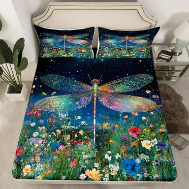 Dragonfly Fitted Sheet Galaxy Sheets,Dreamy Butterflies Bed Sheets Twin,Jungle Plant Bedding Set Botanical Flowers Room Decor Aesthetic(No Top Sheet)