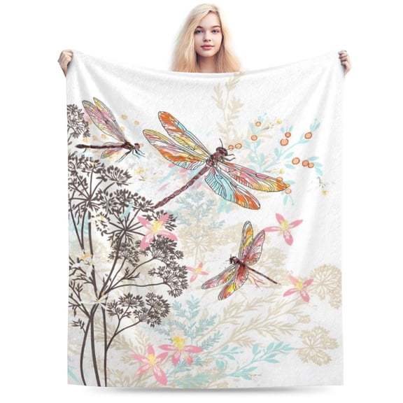 Dragonfly Fleece Sherpa Throw Blanket Soft Cozy Fluffy Flowers Fuzzy Blanket Caring Gift for Women & Adults Botanical Weed Plush Microfiber Blanket 50x40