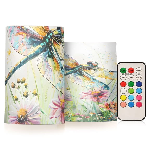 Dragonfly Flickering Flameless Candles Battery Operated with Remote Timer LED Pillar Candles Set of 2