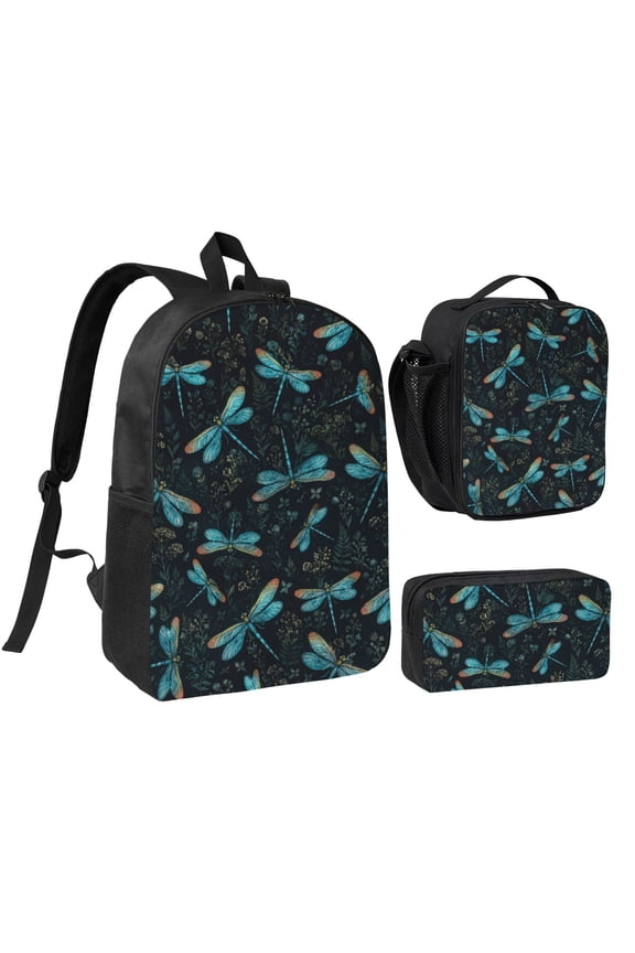 Dragonfly Floral Backpack Set 3pc Including Backpack, Lunch Bag and Pen Bag Combination