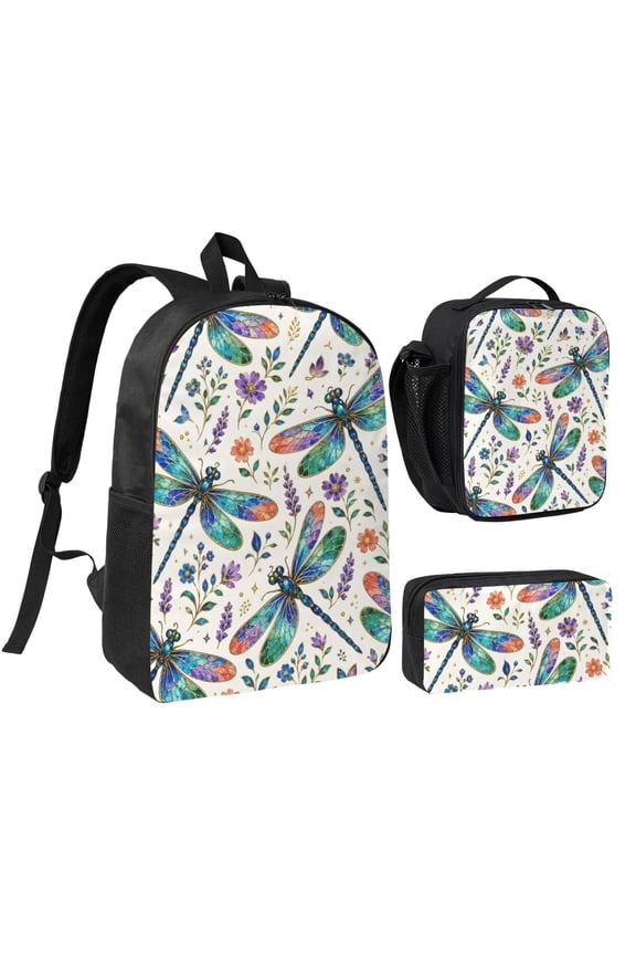 Dragonfly Floral Backpack Set 3pc Including Backpack, Lunch Bag and Pen Bag Combination