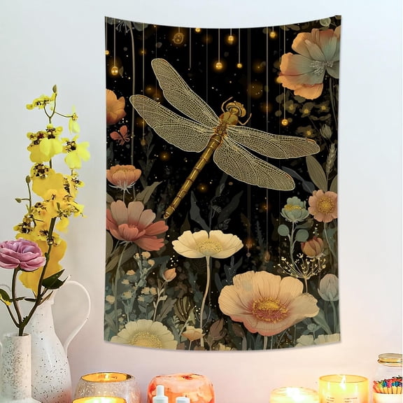 Dragonfly Floral Black Tapestry, Vintage Flowers Bohemian Wall Hanging, Ethereal Tapestries Aesthetic for Bedroom, Living Room, Dorm 30x40 Inch