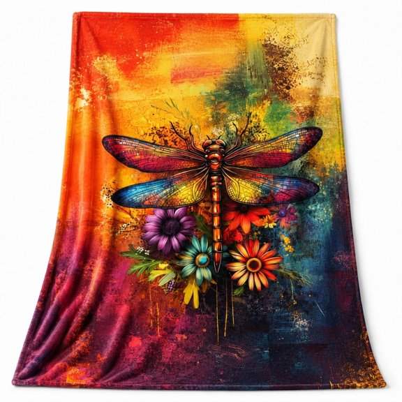 Dragonfly Floral Fleece Blanket, Colorful 3D Print Throw