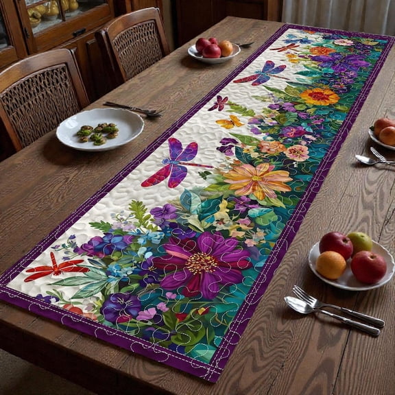 Dragonfly Floral Quilt Table Runner, Colorful Butterfly Garden Table Runner, Quilted Spring Summer Table Décor