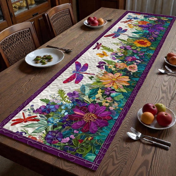 Dragonfly Floral Quilt Table Runner, Colorful Butterfly Garden Table Runner, Quilted Spring Summer Table Decor