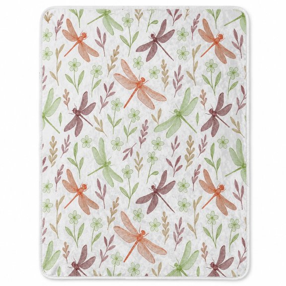 Dragonfly Floral Sherpa Throw Blanket, Soft Polyester Fleece 2-Layer Cozy Blanket
