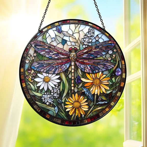 Dragonfly Floral Stained Glass Suncatcher Window Hanging Nature Inspired Home Decor Art Gift