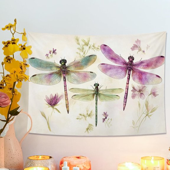 Dragonfly Floral Tapestry, Colorful Insect Wall Hanging, Nature Aesthetic Decor for Living Room, Bedroom, Dorm 40x30 Inch