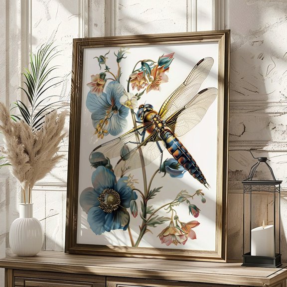 Dragonfly Floral Trendy Girly Minimalist Spring Decor, Unframed Poster