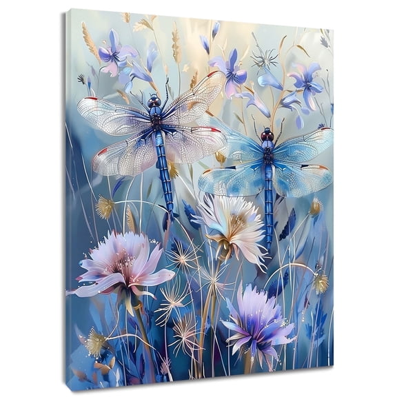 Dragonfly Floral Wall Art, Blue Purple Watercolor Flower and Dragonfly Canvas Wall Art, Nature Plant Animal Framed Wall Art for Living Room Bathroom Bedroom Kitchen Ready to Hang, 12X12 Inches
