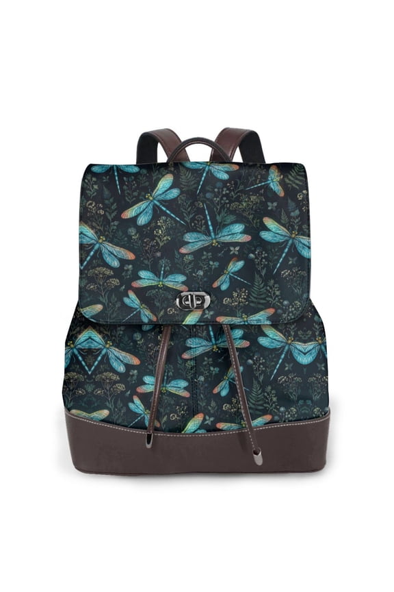 Dragonfly Floral Women's Leather Backpack All-Over Print Bag for Work and Travel