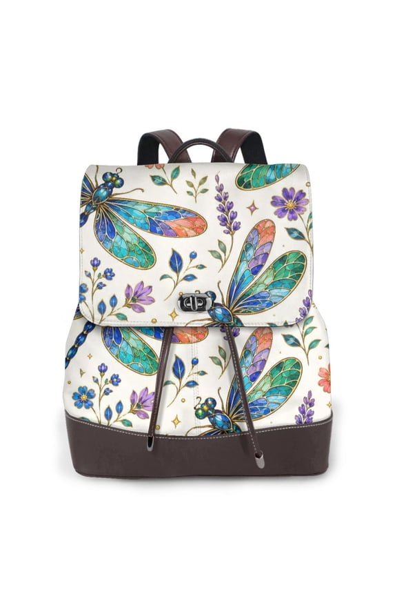 Dragonfly Floral Women's Leather Backpack All-Over Print Bag for Work and Travel