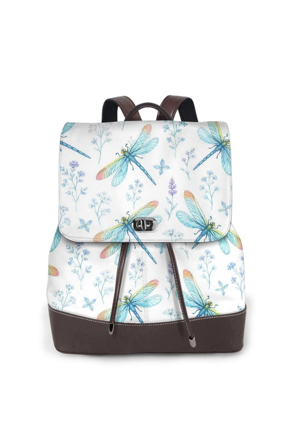 Dragonfly Floral Women's Leather Backpack All-Over Print Bag for Work and Travel