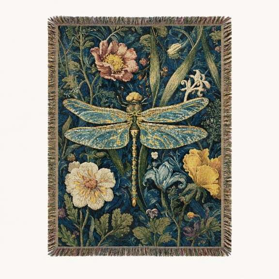 Dragonfly Floral Woven Cotton Throw Blanket with Fringe, 3 Sizes