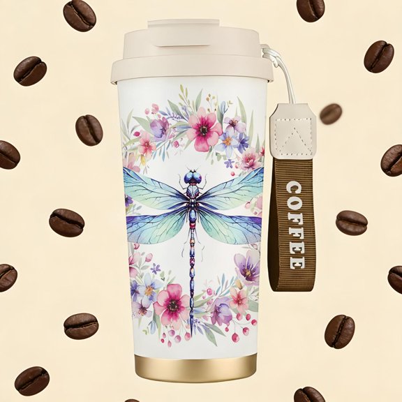 Dragonfly Floral Wreath Watercolor Stainless Steel Insulated Coffee Cup with Double Drink Design, Portable Travel Tumbler with COFFEE Wrist Strap, Reusable Thermal Mug