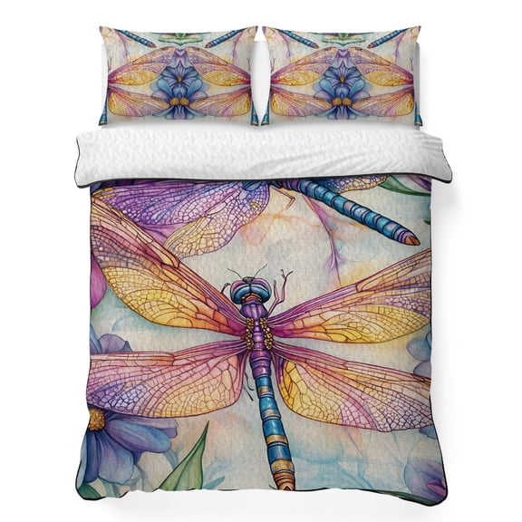 Dragonfly Flower California King Quilt Bedding Set, Watercolor Gradient Blue Purple Yellow Dragonfly Flowers Lightweight Comforter with 2 Pillow Shams Bedroom Bedspread Set Home Decor for All Seasons