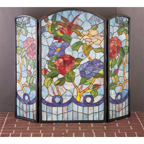 Meyda Tiffany 27234 Dragonfly Flower Folding Fireplace Screen, 40" Width x 34" Height