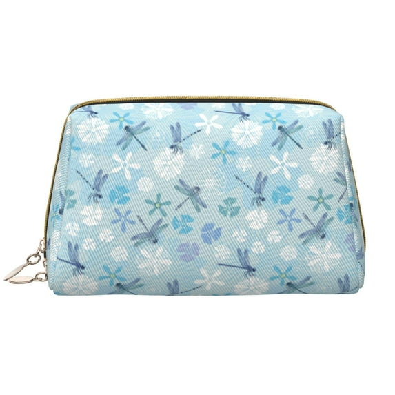 Dragonfly Flower Light Blue Makeup Bag, Large Capacity Travel Cosmetic Bag for Women Girls- Travel Toiletry Bag Leather Portable Waterproof Makeup Case Organizer with Handle
