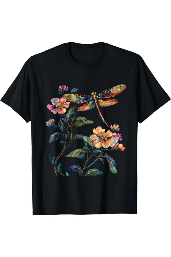Dragonfly Flower Nature Insect Lover Artistic Floral Design Unisex T-Shirt, up to size 5XL