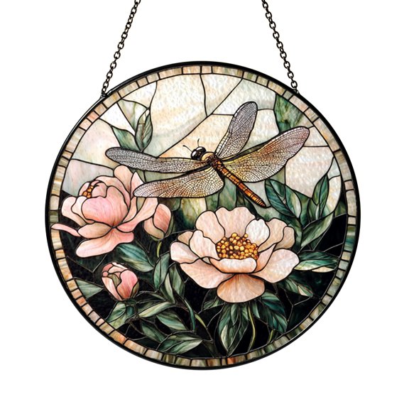 Dragonfly Flower Stained Glass Suncatcher – Botanical Window Decor
