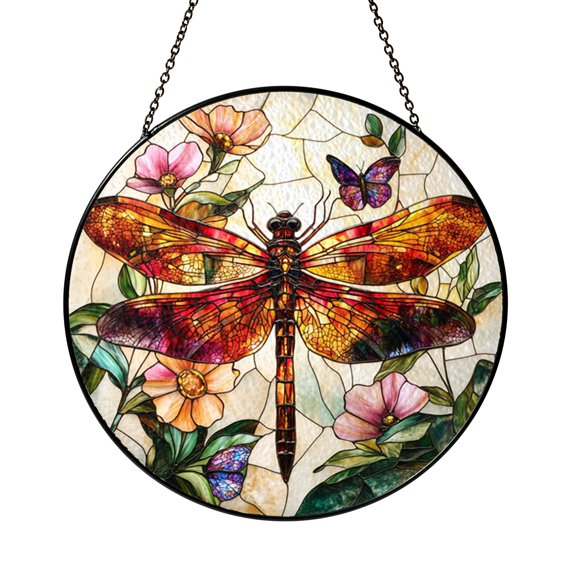 Dragonfly Flower Stained Glass Window Suncatcher – Botanical Decor