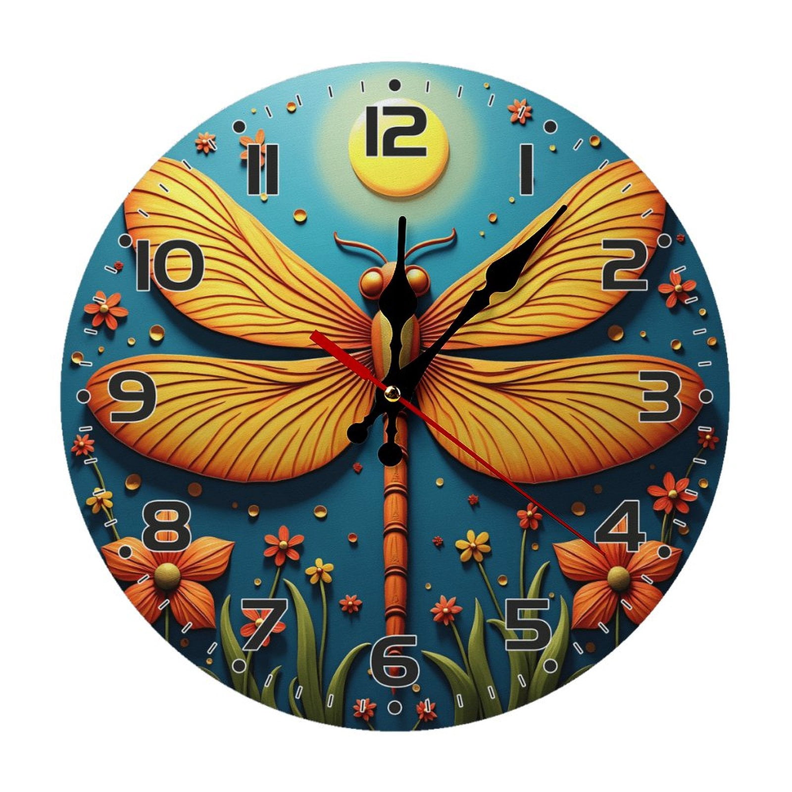 Dragonfly Clock Roses Dragonfly Flower Wall Clock 10 Inch Silent Non Ticking Round Clock ...