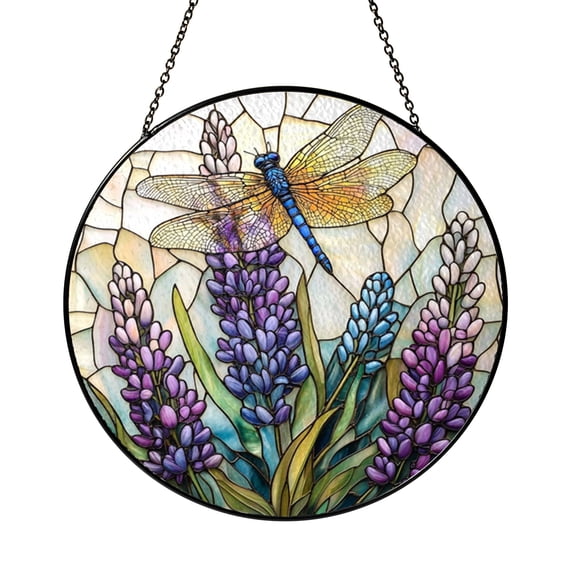 Dragonfly Flower Window Decor – Stained Glass Style Hanging Art1701