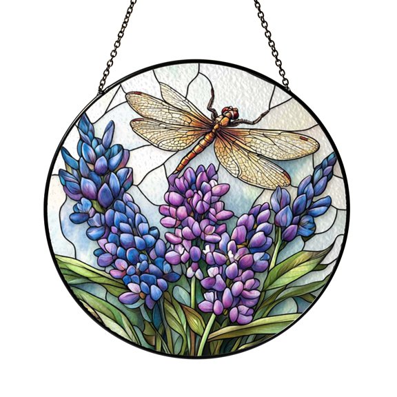 Dragonfly Flower Window Hanging Suncatcher, Stained Glass Style Nature Home Decor