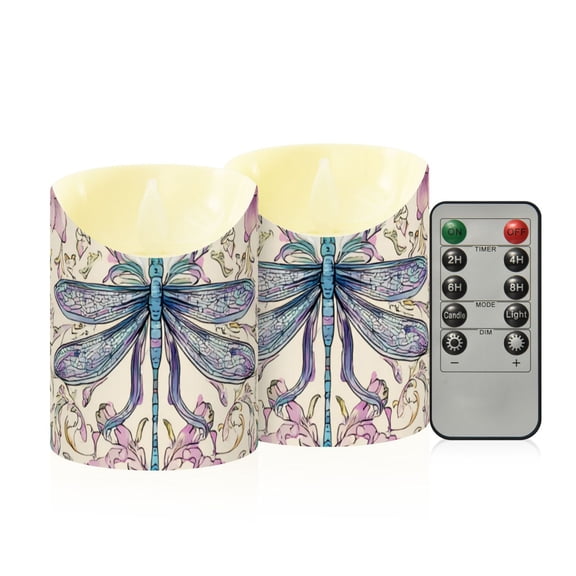Dragonfly Flowers Bows Vintage Style Flickering Flameless Candles with Remote Timer Battery Operated LED Tealight Set of 2 S
