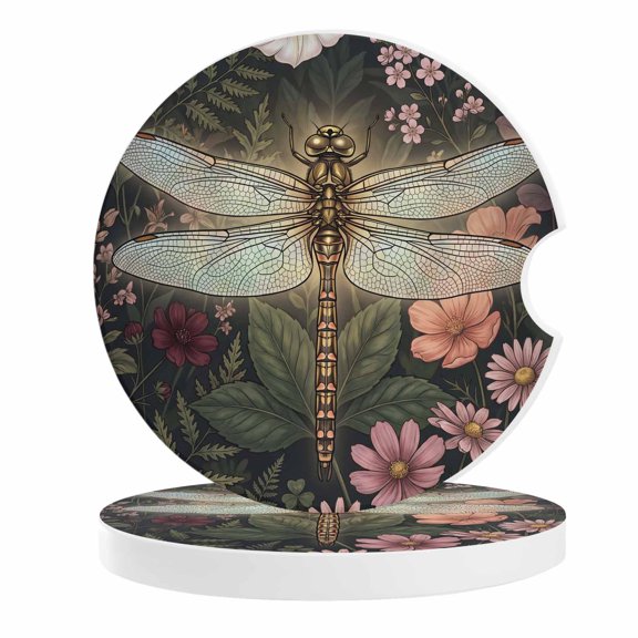 Dragonfly Flowers Car Coasters for Cup Holders Set of 2 Absorbent, 2.56" Ceramic Drinks Cupholder Coasters with Finger Notch Country Rustic Botanical Wild Flowers Auto Interior Accessories for Women
