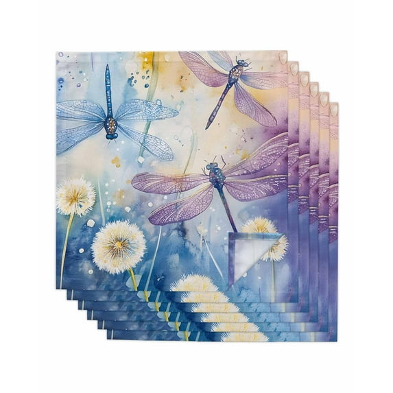 Dragonfly Flowers Cloth Napkins Washable Set of 6, Blue Purple Watercolor Spring Plant Reusable Dinner Table Napkins Cloth Bulk for Weddings Kitchen Restaurants Hotel Events Parties 20 x 20 Inch