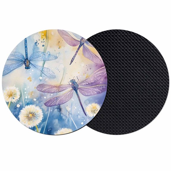 Dragonfly Flowers Coasters Set of 2, Blue Purple Watercolor Spring Plant Absorbent Coasters for Drinks, Coaster for Bar Office Dining Coffee Table Accessories Decor, Non Slip Round Desk Coaster