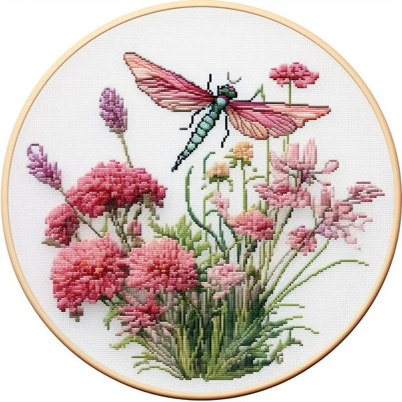 Dragonfly and Flowers DIY Stamped Cross Stitch Kits for Beginners Easy with Hoop 11CT Needlepoint Embroidery Counted Cross Stitch Kits Art Craft Wall Decor and Gift 35x35cm(3)