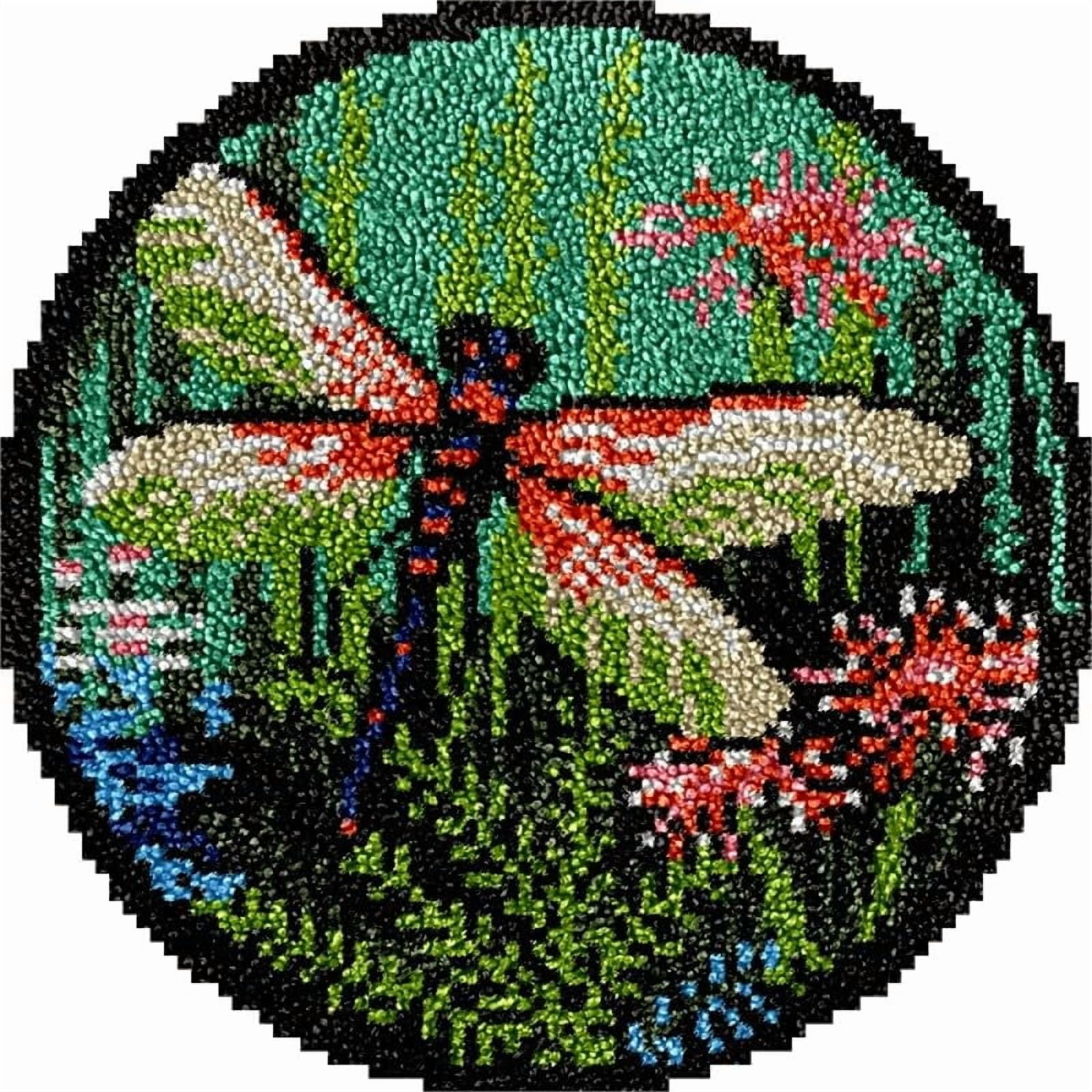 Dragonfly and Flowers Round Shape Latch Hook Rug Kits Set for Starter Crochet Hook Cushion Mat Sofa Seat Cushion Crocheting Kits with Preprinted Canvas Crochet Yarn Kits 50X50cm (ui43)