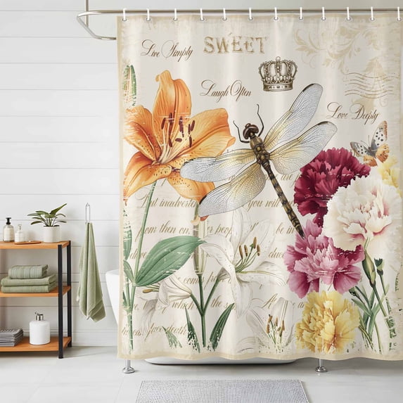 Dragonfly Flowers Shower Curtains for Bathroom, Farmhouse Spring Floral Vintage Waterproof Fabric Shower Curtain, Decorative Bathroom Curtain for Bathtub, 72"x78" , No Hooks Included