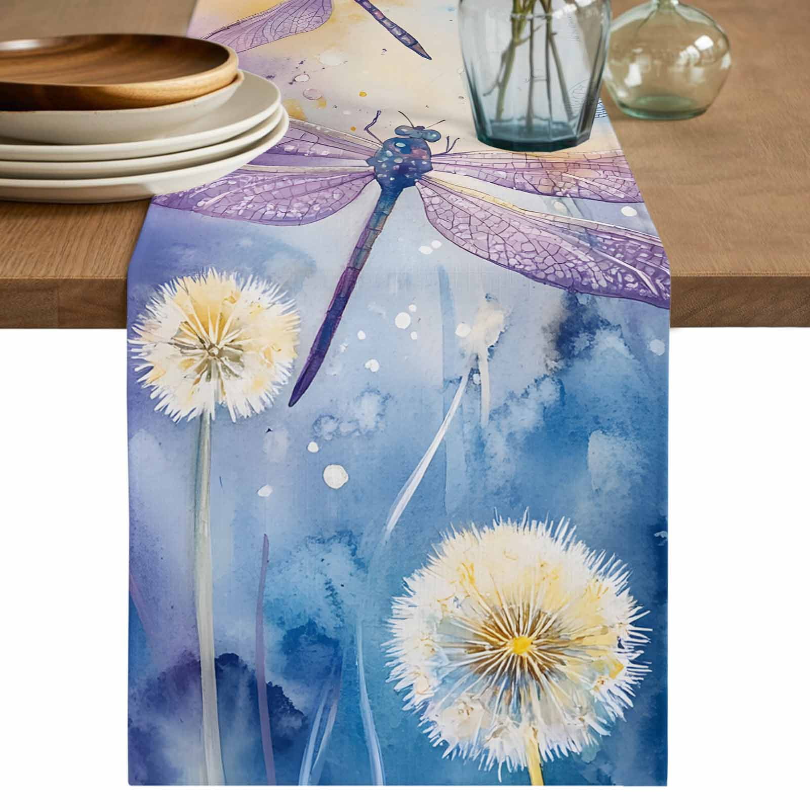 Dragonfly Flowers Table Runner 72 Inches Long,Blue Purple Watercolor ...