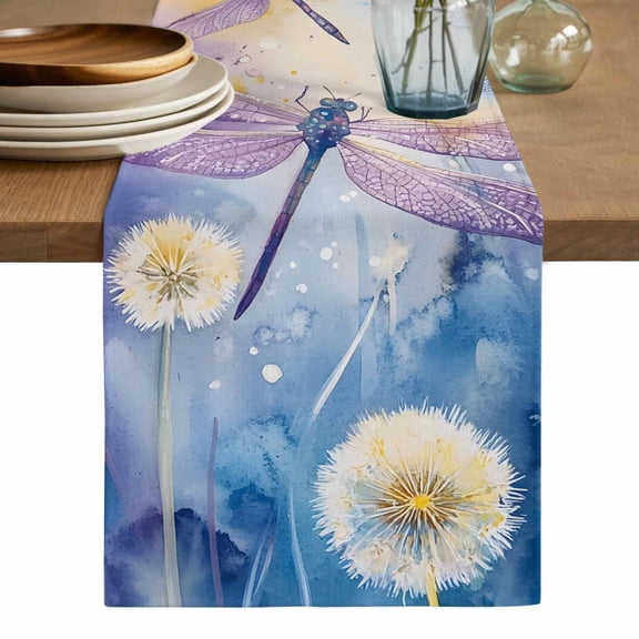 Dragonfly Flowers Table Runner, Blue Purple Watercolor Spring Plant Washable Cotton Linen Table Runners 48 Inches Long, Dresser Scarf Runner for Nightstand/Coffee/End Tables 13''x48''