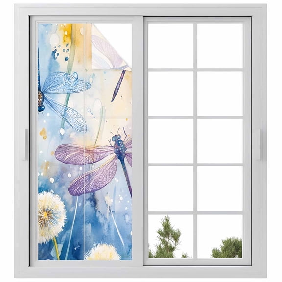 Dragonfly Flowers Window Privacy Film, Blue Purple Watercolor Spring Plant Static Cling UV Sun Blocking Heat Control Window Tint Day and Night, Non-Adhesive One Way Windows Privacy Cover 23.6''x59''