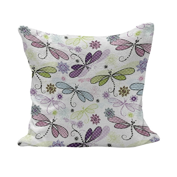 Dragonfly Fluffy Throw Pillow Cushion Cover, Abstract Bugs Hippie Style Sketchy Flowers Art, Decorative Square Accent Pillow Case, 28" x 28", Pale Blue Purple, by Ambesonne