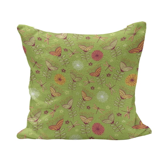 Dragonfly Fluffy Throw Pillow Cushion Cover, Bluebell Flower Motifs with Peony Funky Fashioned Boho Retro Pattern Print, Decorative Square Accent Pillow Case, 16" x 16", Green Pink, by Ambesonne