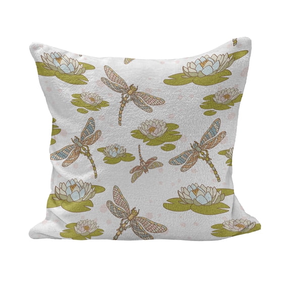 Dragonfly Fluffy Throw Pillow Cushion Cover, Lotus Flower with Symbolic Yoga Themed Nature Theme Print, Rectangle Accent Pillow Case, 26" x 16", Apple Green and Cream, by Ambesonne