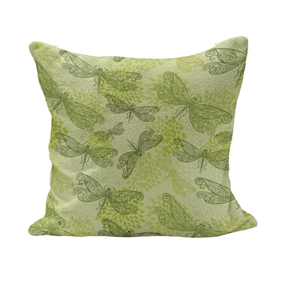 Dragonfly Fluffy Throw Pillow Cushion Cover, Sketchy Butterfly Like Bugs with Floral Ivy Print Wings Art, Decorative Square Accent Pillow Case, 20" x 20", Pale Green Dark Green, by Ambesonne