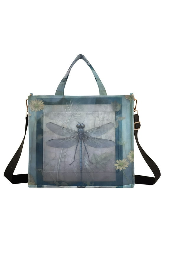 Dragonfly Frame Flowers Corduroy Tote Bag Handbag Large Messenger Bag Shoulder Crossbody Zipper Bag Purse